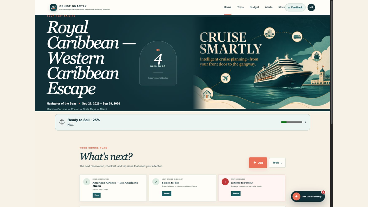 CruiseSmartly home screen showing a sample sailing, countdown, and next planning steps